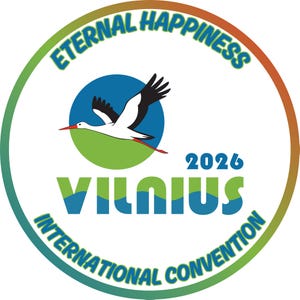 Puede incluir: Logotipo circular con el texto "Eternal Happiness" en azul, verde y naranja. Una cigüeña vuela sobre un fondo verde y azul. También está presente el texto "Vilnius International Convention 2026".