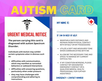 Autismstödkort för nödsituationer: Jag är autistisk plånbokkort, ryggsäckskort för medicinsk och akut kontaktinformation