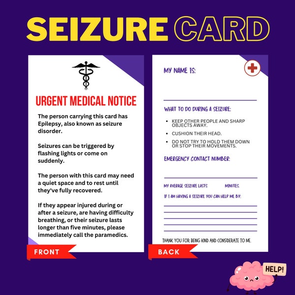 Helpful Medical Card, Medical Alert Card for Epilepsy, Assistance Card, Downloadable Card, Printable Card