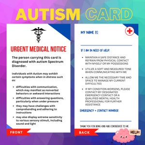 Tarjeta de apoyo para personas con autismo en situaciones de emergencia: Soy una tarjeta de billetera autista, una tarjeta de mochila para información médica y de contacto de emergencia