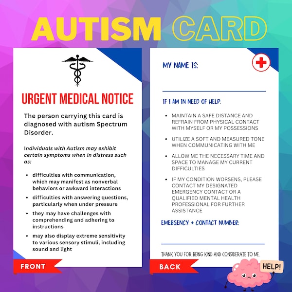 Autism Support Card for Emergency Situations: I am Autistic Wallet Card, Backpack Card for Medical and Emergency Contact Information