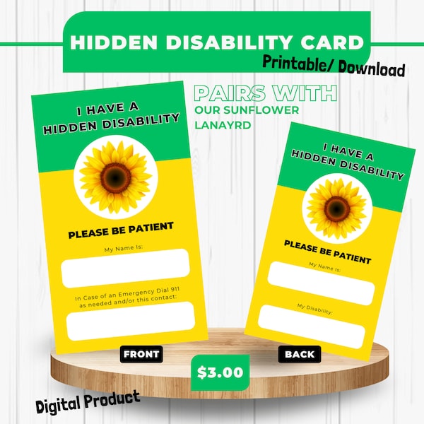 Hidden Disability ID Badge Card with Sunflower - Digital Printable Download