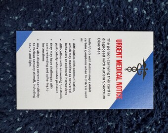 Autism Emergency Medical Alert Card | Autism Spectrum Disorder Urgent Notice Card | Personal Safety Card for Autism Communication Help