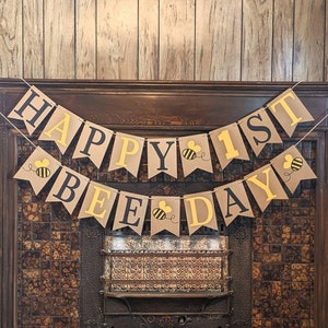 Happy 1st Bee Day Banner: Yellow & Black Birthday Decor
