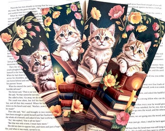Cute Kitten Bookmark Set, Adorable Cat Bookmark, Cat & Books, Cat Mom Bookmark, Cat Lover Gift, Floral Cat Bookmark, Tabby Cat, Bookish Gift