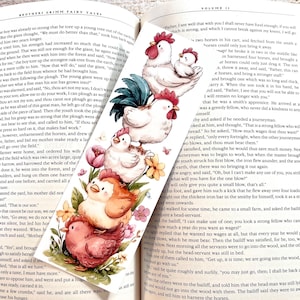 May include: A colorful bookmark featuring a watercolor illustration of chickens, chicks, and flowers. The bookmark is placed in an open book with text, perfect for marking pages in a book.