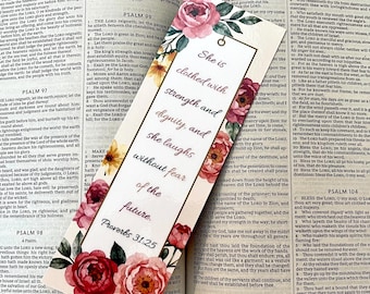She is Clothed in Strength and Dignity Bookmark, Proverbs 31:25 Bookmark, Floral Christian Bookmark, She Laughs Without Fear Bookmark, Gift