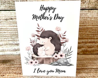Tarjeta del Día de la Madre con Erizo, Tarjeta del Día de la Madre, Tarjeta de Mamá con Animales del Bosque, Tarjeta de Mamá Animal, Tarjeta "Te Amo Mamá", Tarjeta Sentimental para Mamá