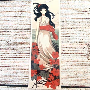 Marcapáginas de chica de anime, marcapáginas estilo manga japonés, marcapáginas de anime de fantasía, regalo para amantes del anime, kawaii, accesorio para libros de manga, flores rojas, chica imagen 2