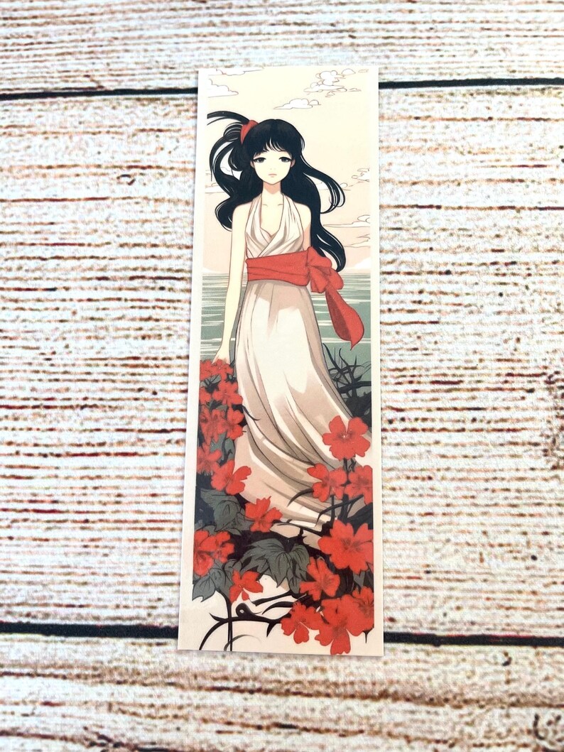 Marcapáginas de chica de anime, marcapáginas estilo manga japonés, marcapáginas de anime de fantasía, regalo para amantes del anime, kawaii, accesorio para libros de manga, flores rojas, chica imagen 2