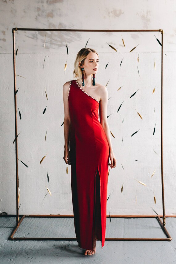 one shoulder copper dress Azazie Yuanna