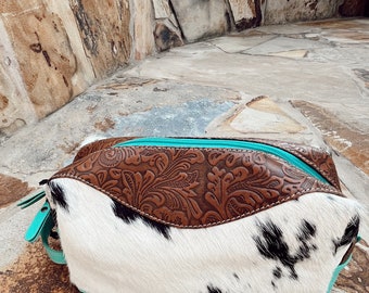 Turquoise, tooled leather and cowhide makeup/ toiletry bag