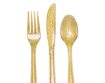 24 PC Glitter Gold Plastic Silverware/ Glitter Gold Silverware/ Gold Forks/ Gold Party Supplies