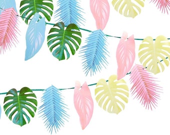 Pink Palm Banner Decor- Pink Dinosaur Birthday Decoration, Pink Tropical Decor, Pink Palm Leaves, Pastel Tropical Decorations, Pink Monstera