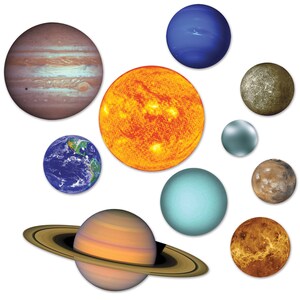May include: A collection of colorful planet illustrations, including the sun, Jupiter, Earth, Saturn with its rings, Uranus, Neptune, Mars, Venus, and Mercury. The sun is a bright orange, and the planets vary in color and texture.