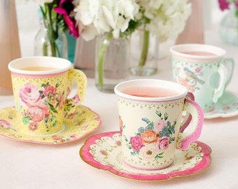 12 CT Tea Party Cups with Saucers | Vintage Tea Cups with Saucers | Paper Tea Cups and Plates