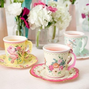 24 CT Tea Party Cups with Saucers | Vintage Tea Cups with Saucers | Paper Tea Cups and Plates