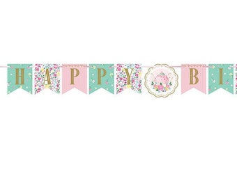 Tea Party Floral Birthday Banner / Fancy Tea Party Banner / Vintage Floral Decor / Floral Birthday Banner