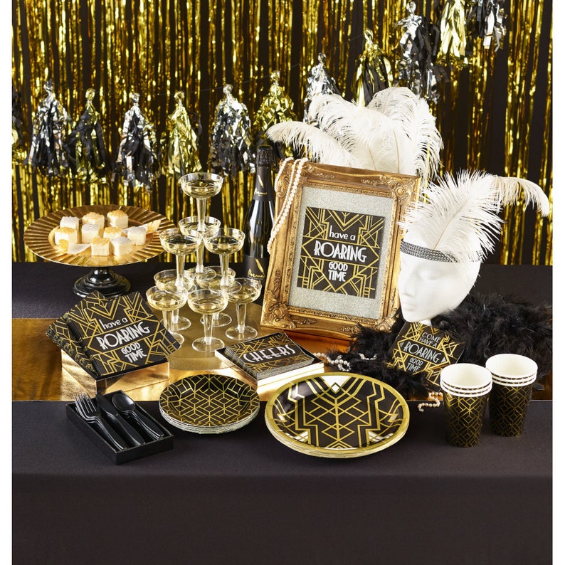Retro Party Plates Black and Gold 1920/'s Party Plates- Roaring Twenties Party 1920/'s Decorations Geometric Plates 20/'s Party Supplies