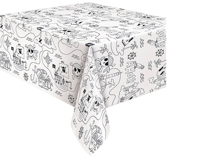 May include: A white plastic tablecloth with a black and white pirate-themed design. The design includes a treasure map, pirate ships, skulls, and the words "Ahoy!"