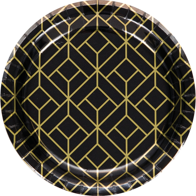 Retro Party Plates Black and Gold 1920/'s Party Plates- Roaring Twenties Party 1920/'s Decorations Geometric Plates 20/'s Party Supplies