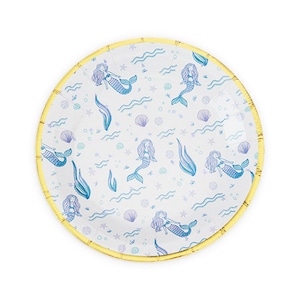 May include: White paper plates with a gold rim and a repeating pattern of mermaids, seashells, and waves.