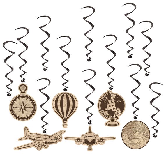Around The World Hanging Whirls, Airplane Party Decor (12/Pkg)