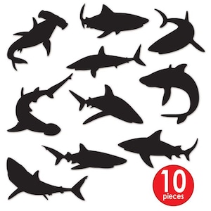 Shark Party Silhouettes 10 Pack- Shark Birthday, Jawsome Party Decor, Shark Birthday Party, Shark Theme, Shark Party Decor, Shark Decoration