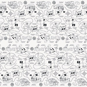 May include: Black and white illustration of a pirate treasure map with a repeating pattern of skulls, palm trees, ships, anchors, and the words "Ahoy!"