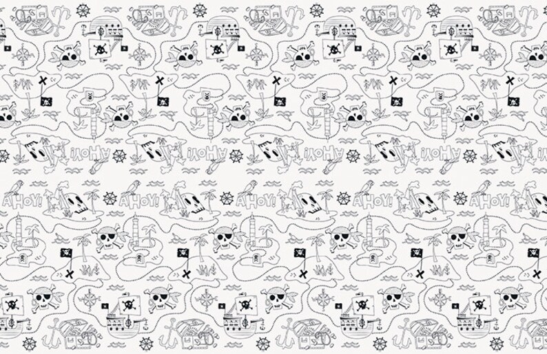 May include: Black and white illustration of a pirate treasure map with a repeating pattern of skulls, palm trees, ships, anchors, and the words "Ahoy!"