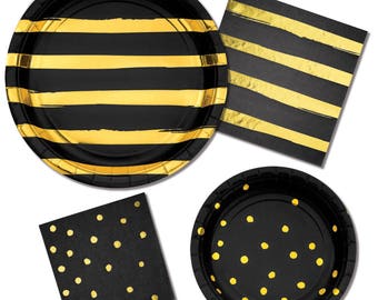 Black and Gold Party Supplies/ Black and Gold Foil Plates/ Black and Gold Foil Napkins/ Black Party Supplies/ Black and Gold Party