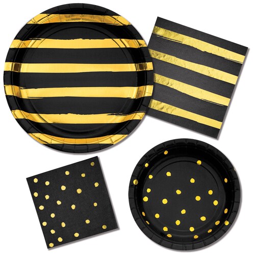 Black and Gold Party Supplies/ Black and Gold Foil Plates/ Etsy