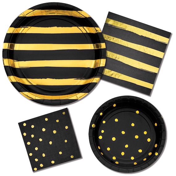 Black and Gold Party Supplies/ Black and Gold Foil Plates/ Etsy