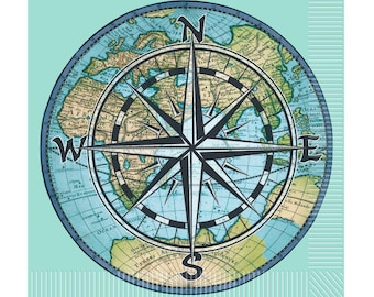 Compass Party Napkins- Globe Napkins , Adventure Napkins, Globe Napkins, Map Napkins, World Party Decoration