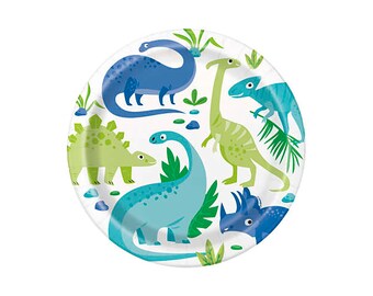 May include: A set of 8 paper plates featuring a colorful dinosaur design. The plates are white with blue, green, and yellow dinosaurs on them. The plates are perfect for a dinosaur-themed party.