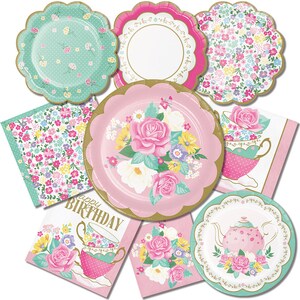May include: A set of pink and green floral themed paper plates, napkins, and cups with gold accents. The plates and napkins feature a floral pattern with a teapot and teacup design. The cups have a "Happy Birthday" message.