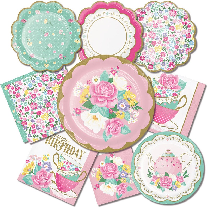 May include: A set of pink and green floral themed paper plates, napkins, and cups with gold accents. The plates and napkins feature a floral pattern with a teapot and teacup design. The cups have a "Happy Birthday" message.