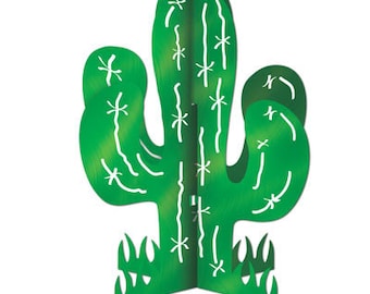 May include: Green paper cutout of a cactus with white star-shaped designs. The cactus has three sections and a base of green grass.