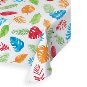 May include: White tablecloth with a tropical leaf pattern in shades of green, blue, orange, and red.