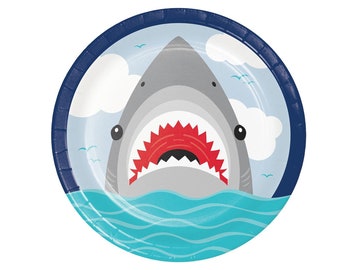 Platos para fiesta de tiburones: platos grandes de tiburones, platos increíbles para fiestas, fiesta de cumpleaños de tiburones, temática de tiburones, decoración para fiestas de tiburones.