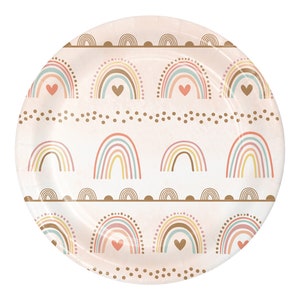 May include: A set of pink and brown paper plates with a rainbow and heart design. The plates are perfect for a baby shower or birthday party.