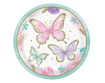 Butterfly Party Plates- Large Butterfly Plates, Butterfly Baby Shower, Butterfly Birthday, Pastel Butterfly, Gold Butterfly
