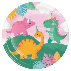 Borden dinosaurus meisje - roze dinosaurus feest grote borden, dinosaurus verjaardag meisje, feestdecoratie, verjaardag meisje dinosaurus, dinosaurus borden