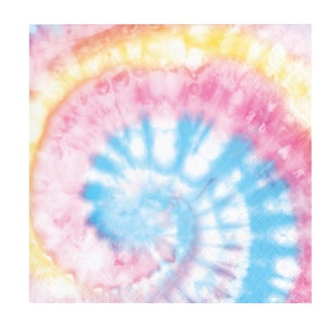 May include: A colorful tie-dye pattern with shades of yellow, pink, and blue. The pattern is a spiral design with a white center.