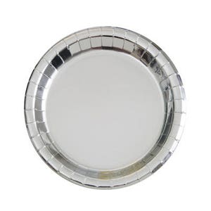 May include: Silver paper party plate with a rippled edge.