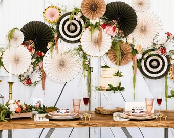 Garden Party Fan Decor Kit/ Deluxe Set Black and White Fan Decor/ Fancy Organic Hanging Paper Fans/ Fancy Wood Decorations