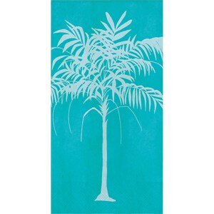 May include: A white silhouette of a palm tree on a turquoise background.