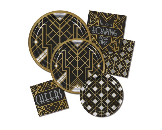 1920's Party Plates Roaring Twenties Party, Retro Party Plates, 1920's  Decorations, 20's Party Supplies, Geometric Plates, Black and Gold 