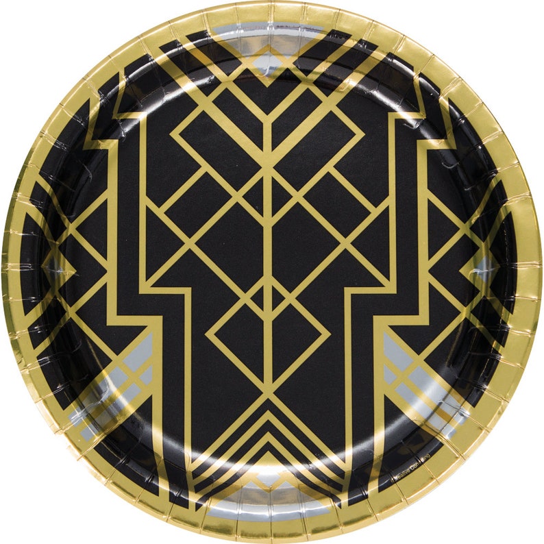 Retro Party Plates Black and Gold 1920/'s Party Plates- Roaring Twenties Party 1920/'s Decorations Geometric Plates 20/'s Party Supplies