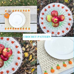 May include: Four crocheted placemats with a pumpkin design. The placemats are beige with orange pumpkins and green leaves. The placemats are shown with white plates and apples on top.